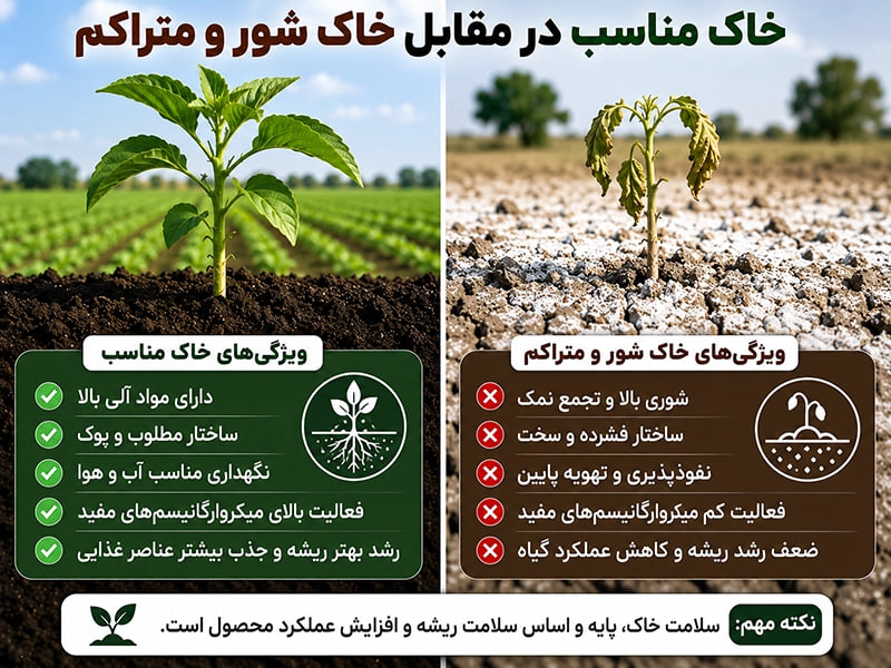 چرا ریشه گیاه ضعیف میشود؟ ۷ علت اصلی و راهکارهای علمی برای تقویت سیستم ریشه تفاوت خاک سالم با خاک شور